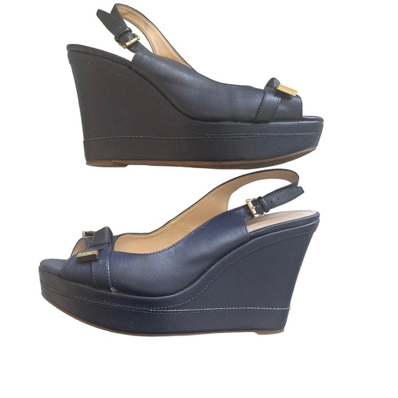 Tommy Hilfiger Shoes - Tommy Hilfiger Karra Wedge Slingback Heels Navy Blue Open Toe Platform Pumps EUC